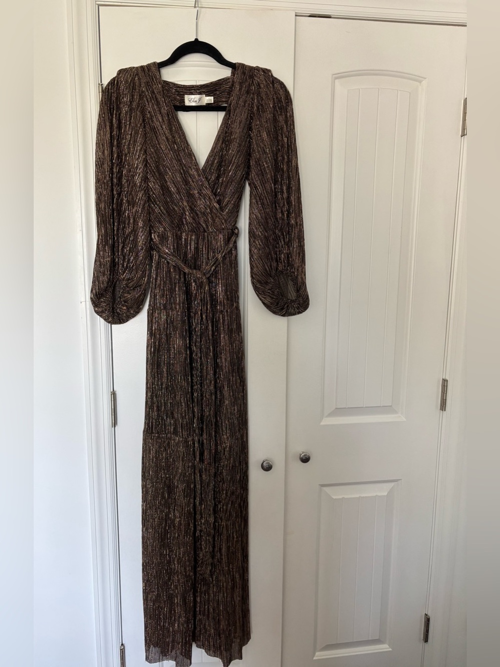 Eliza J Brown Metallic Wrap Maxi Dress with Balloon Sleeves